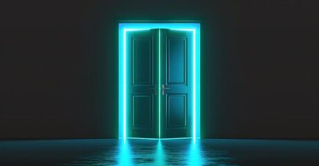 A dark room with blue light on the door with a futuristic concept