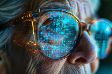 Close-up of a senior's face with digital data reflected in the glasses