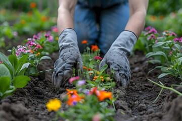 Fototapeta premium Gardener Planting Colorful Flowers in a Vibrant Garden