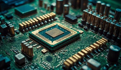 Detailed view of an electronic microchip on circuit