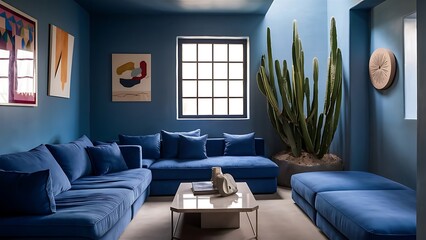 Blue living room with cactus