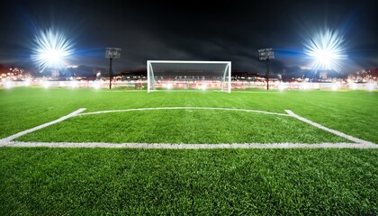 Obraz premium A vibrant scene of a soccer field under the night sky, with a bustling crowd filling the stands
