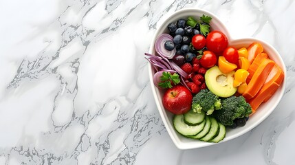 Colorful healthy food in a heart shaped bowl on a white marble background