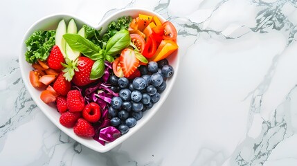 Colorful healthy food in a heart shaped bowl on a white marble background