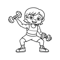 little boy exercise on dumbbell vector line art