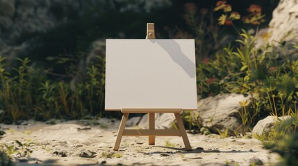 An easel stands empty with a blank white canvas awaiting artistic expression