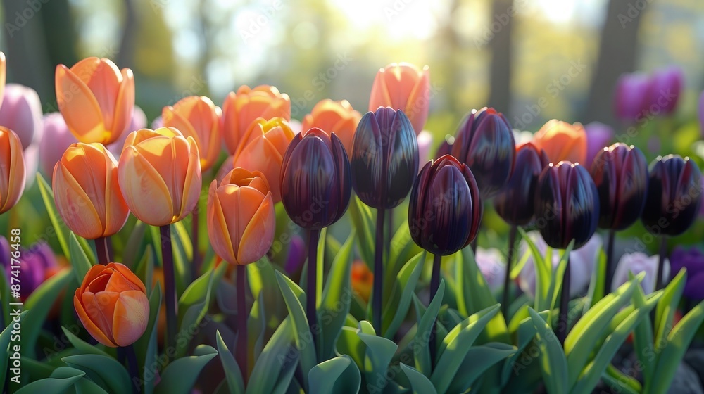 Poster an ai-generated display of tulips in full bloom, showcasing a spectrum of colors from vibrant orange