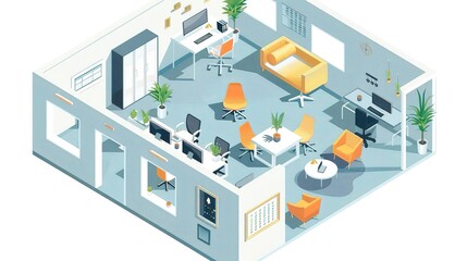 Obraz premium Isometric illustration of a modern office interior with desks, chairs, plants, and a sofa.