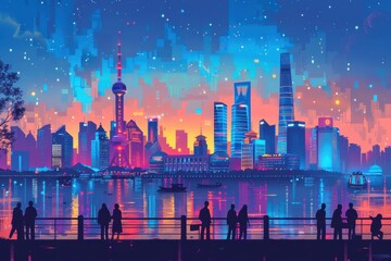 Colorful Minimalist Illustration of Shanghai's The Bund

