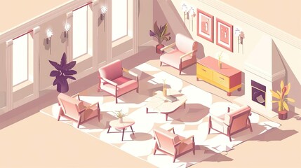 Minimalist, Isometric illustration of a luxury living room with high-end furniture and opulent decor, symbolizing luxury interiors and extravagance, with copy space for text