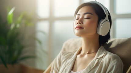 A woman sits on a couch wearing headphones, likely enjoying her favorite music