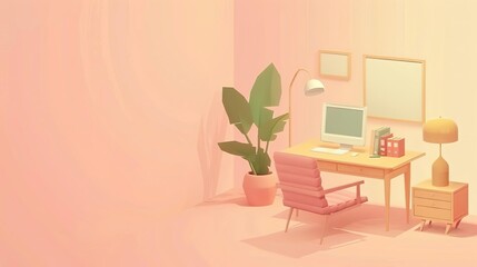 Fototapeta premium Modern home office with desk, computer, and plants.