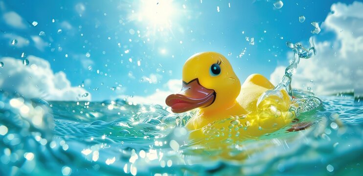 A yellow duck toy floats in clear water against a blue sky background