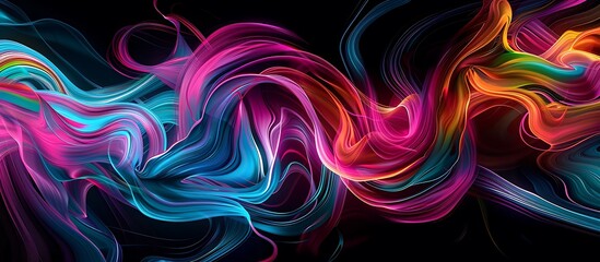 Dynamic and fluid swirls of neon colors intertwining and overlapping against a deep black canvas, showcasing the beauty of abstract art in high definition.