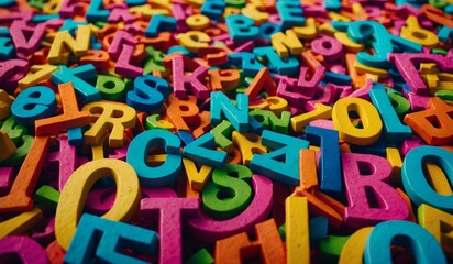 Scattered colorful alphabet letters forming a visual soup.