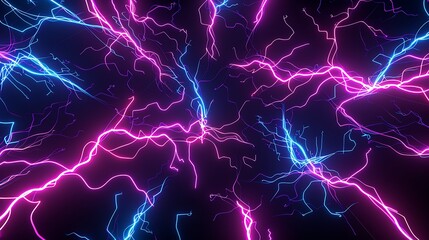 Energetic display of intersecting neon electric currents against a pitch-black background, resembling a high-voltage network.