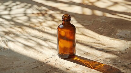 Amber glass dropper bottle casting a warm golden shadow on a beige surface, with a minimalist vibe