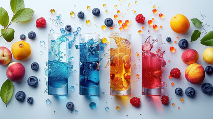 Vibrant composition of colorful fruit juices in glasses, surrounded by fresh berries and fruits, with dynamic splashing effects