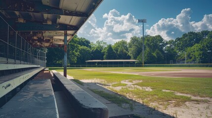 Naklejka premium A deserted baseball field with no players on a sunny day, featuring the empty dugouts and quiet atmosphere of the ballpark.