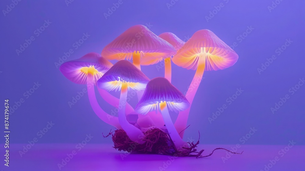Poster an enchanting led mushroom night light with a built-in sensor, against a lavender background. this l