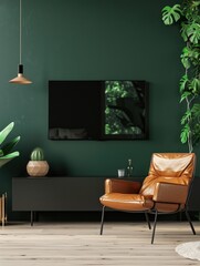 A cozy living room with green walls and a brown leather chair, perfect for relaxation