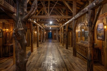 Interior of a wooden building in the style of the 19th century.