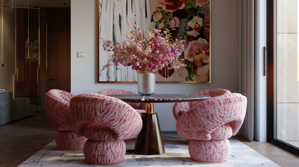 Interior of dining room with flowers. Round table and chairs. Design trends 2024 