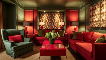 Green and red living room