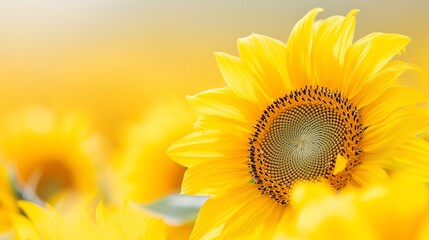 Obraz premium Close-up of vibrant yellow sunflower in bloom with soft focus background, capturing the beauty and essence of summer.