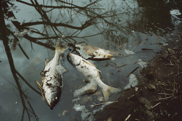 Dead fish in the river. industrial wastewater pollution
