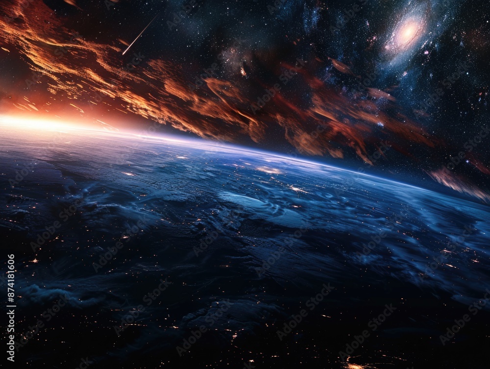 Poster a view of the earth from space with a bright light in the atmosphere, suitable for use in science an