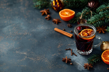 Christmas tree vibe, glass of mulled vine, with natural light, in the style of dark blue stone surface