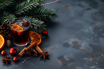 Christmas tree vibe, glass of mulled vine, with natural light, in the style of dark blue stone surface