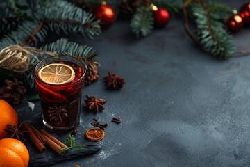 Christmas tree vibe, glass of mulled vine, with natural light, in the style of dark blue stone surface