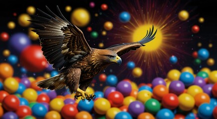 Fototapeta premium Majestic golden eagle soaring over a vibrant pool of colorful plastic balls with a bright yellow sunburst in the dark background, symbolizing freedom and joy.