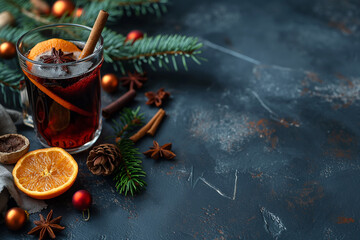Christmas tree vibe, glass of mulled vine, with natural light, in the style of dark blue stone surface