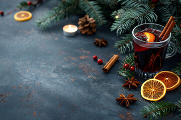 Christmas tree vibe, glass of mulled vine, with natural light, in the style of dark blue stone surface