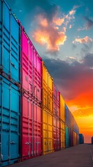 Colorful shipping containers at sunset