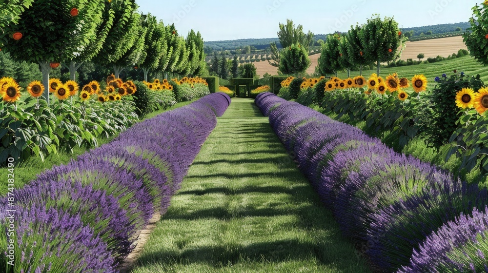 Poster an enchanting ornamental garden with lavender fields and sunflowers, bordered by neatly trimmed gras