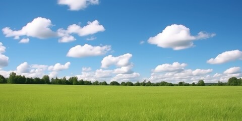 Obraz premium Scenic landscape of green grassy field under blue sky with fluffy white clouds and distant trees