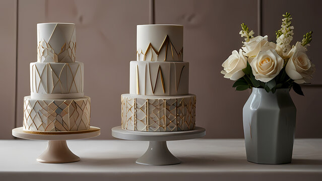 wedding cake that reflects a modern minimalist style. Focus on clean lines, geometric shapes, and a sophisticated color palette