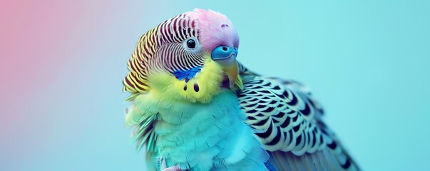 Colorful budgie parrot with vibrant plumage on a pastel background.
