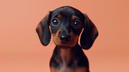 Adorable dachshund puppy looking at camera on peach background.