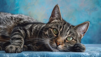 A tabby cat with green eyes lies on a blue background, looking directly at the camera.