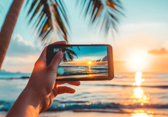 Hand holding a smartphone with camera app with background blurry photo 