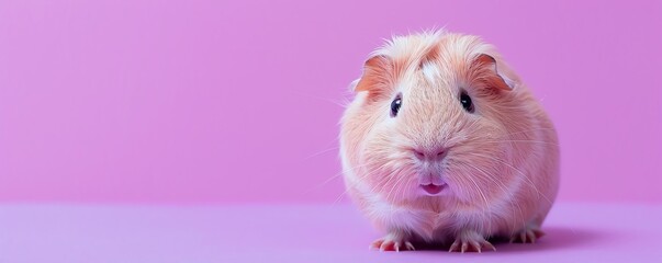 Guinea pig nibbling, pastel lilac background, detailed fur, bright eyes, realistic photography