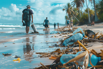 Community volunteers clean dirty beaches, taking responsibility for the environment
