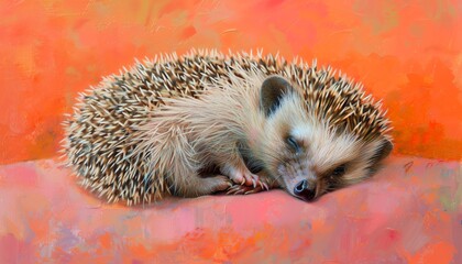 Hedgehog curled up, pastel coral background, detailed spines, bright eyes, realistic capture