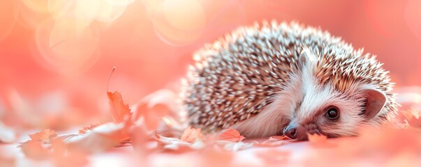 Cute hedgehog with soft brown and white fur curled up on pink background