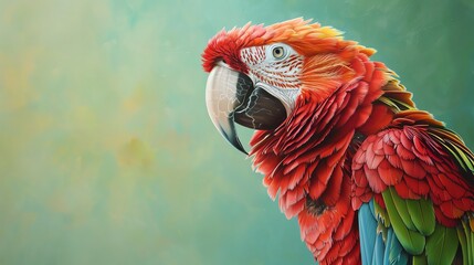 Vibrant red and green macaw parrot with watercolor background